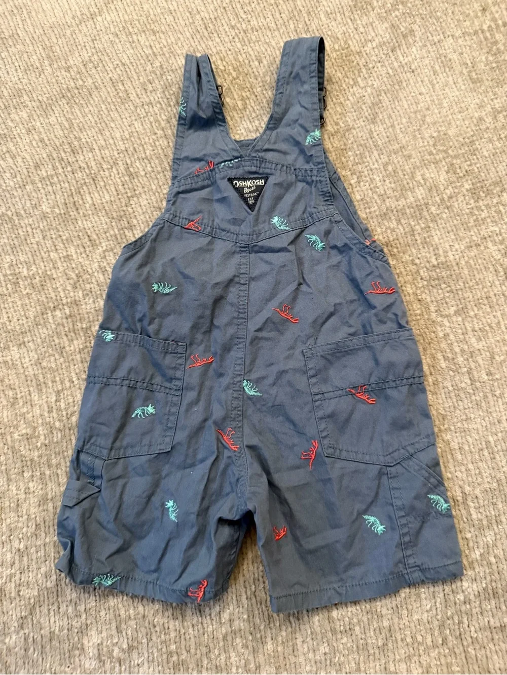OshKosh B’gosh 3T Dinosaur Embroidered Shortalls Blue Cotton Overalls